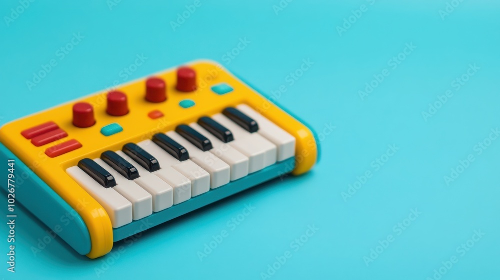 A colorful toy keyboard with black and white keys, perfect for children and playful music creation. A colorful toy keyboard with black and white keys, perfect for children and playful music creation.