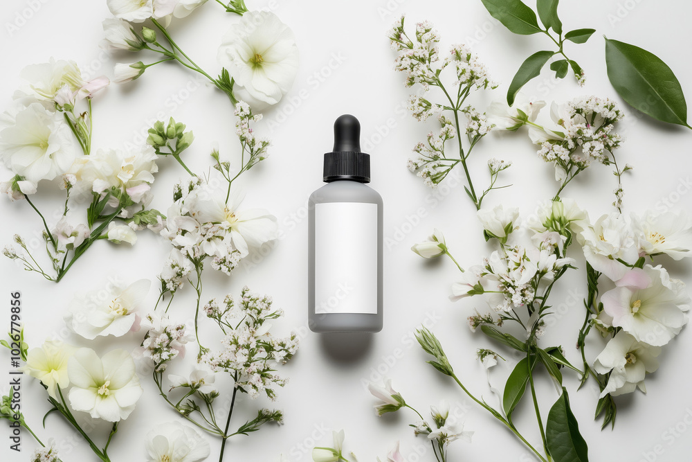 A gray cosmetic product bottle with a white blank label surrounded by flowers and leaves on a white background A gray cosmetic product bottle with a white blank label surrounded by flowers and leaves on a white background