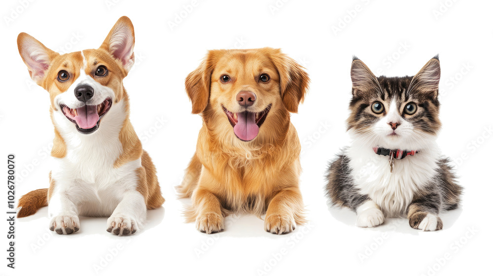 Happy Dogs and Cats Happily Posing Together on a Bright Background Generative AI Happy Dogs and Cats Happily Posing Together on a Bright Background Generative AI
