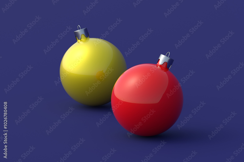 Two christmas balls on blue background. Round bauble. Traditional decoration. 3d render Two christmas balls on blue background. Round bauble. Traditional decoration. 3d render