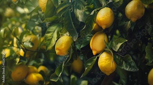 In a citrus orchard a limb of a lemon tree is laden with juicy yellow lemonade
