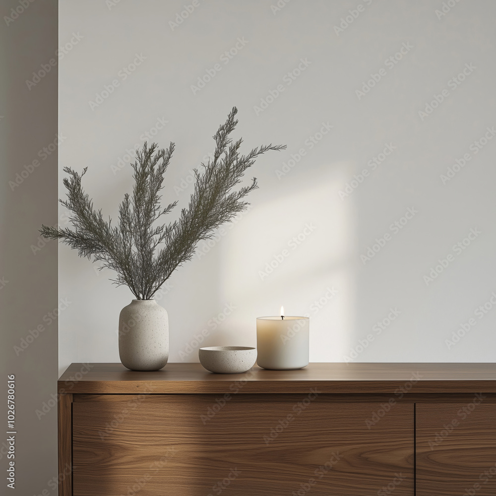 A wooden sideboard with a candle and a vase with cypress tree branches A wooden sideboard with a candle and a vase with cypress tree branches