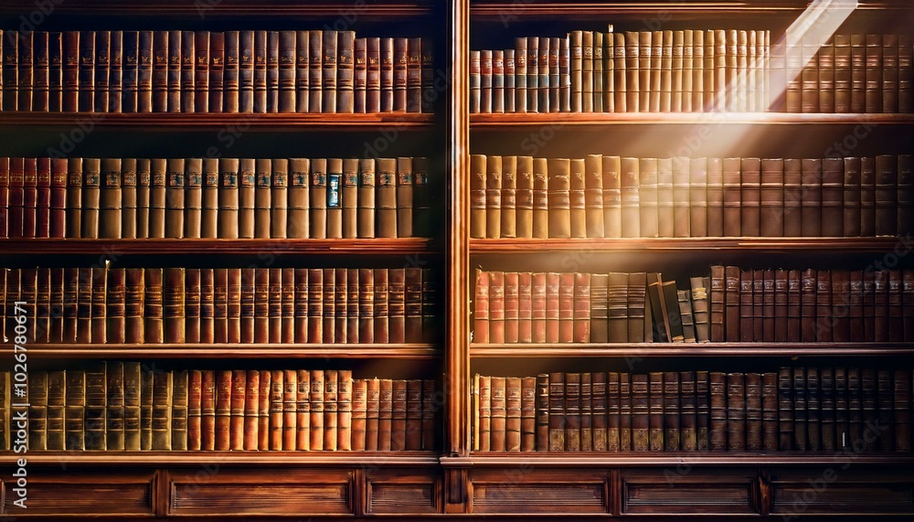 静かな古い図書館の奥に並び、重厚感のある木製の本棚。革装丁の古書や、色褪せた背表紙がぎっしりと並び、棚には適度が徐々に積もっている。日差しが窓から差し込み、棚の隙間から漏れる光が、本に 静かな古い図書館の奥に並び、重厚感のある木製の本棚。革装丁の古書や、色褪せた背表紙がぎっしりと並び、棚には適度が徐々に積もっている。日差しが窓から差し込み、棚の隙間から漏れる光が、本に