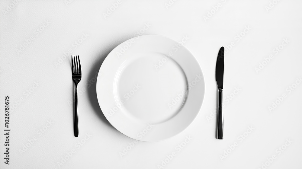 Minimalist dining setup with white plate and silverware on white tabletop Minimalist dining setup with white plate and silverware on white tabletop