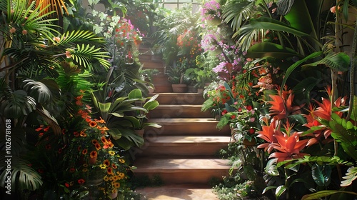 In a grow room an outdoor staircase is enclosed by exotic flowering plants