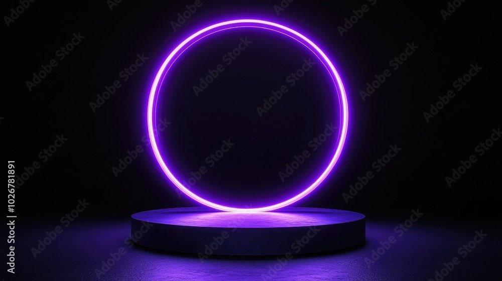 Futuristic Neon Circle on Dark Background with Glowing Purple Light and Minimalist Design Futuristic Neon Circle on Dark Background with Glowing Purple Light and Minimalist Design