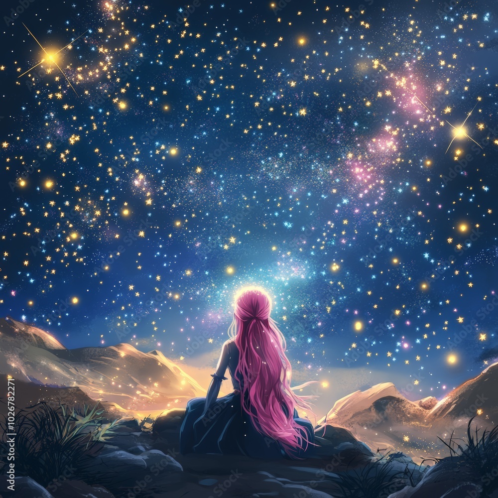Fantasy scene of a girl sitting on a hill, gazing up at a magical star-filled sky
Fantasy scene of a girl sitting on a hill, gazing up at a magical star-filled sky
