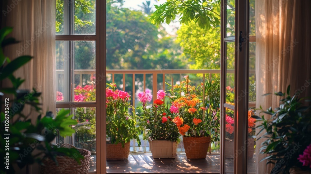 Obraz premium A balcony view through sliding glass doors, overlooking a lush garden with colorful flowers.