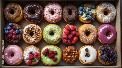 A box of artisanal donuts, each with unique flavors like chai, matcha, and berry compote.