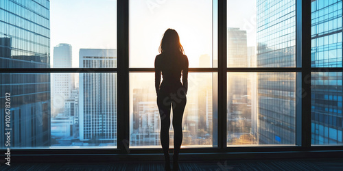 Silhouette of a woman in front of city skyline at sunrise reflection