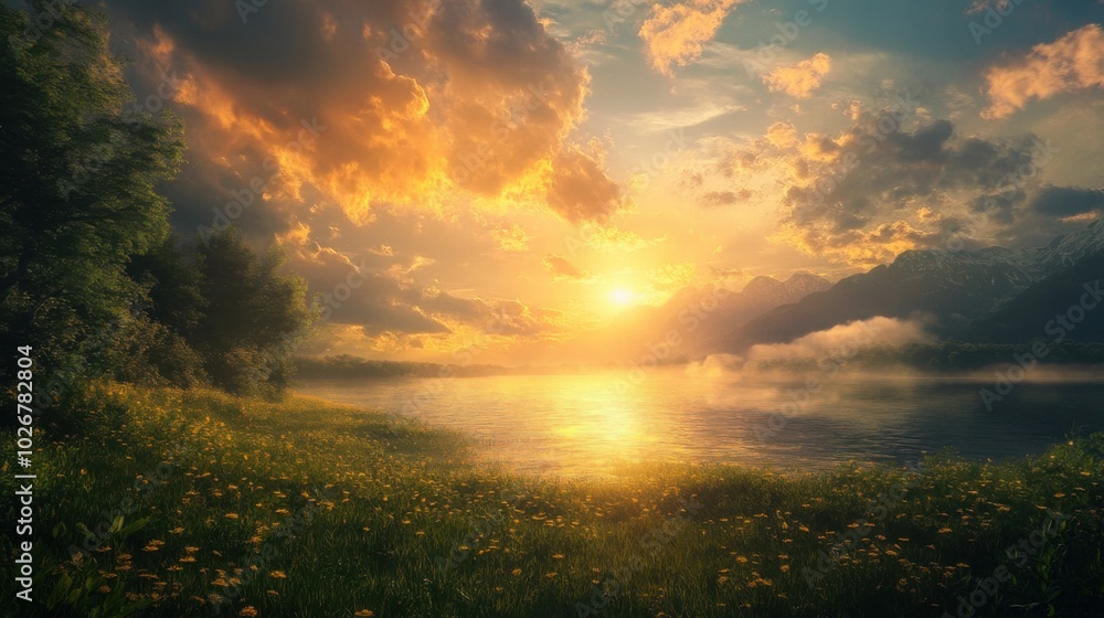 Naklejka premium sunset over the field