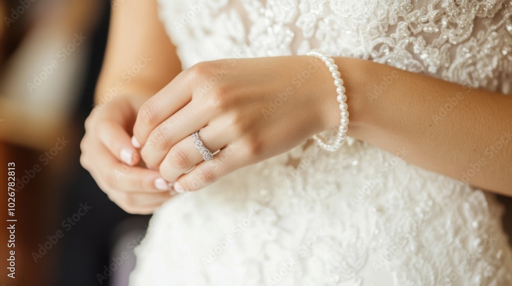 A bride hand adjusting her pearl bracelet before walking down the aisle, a moment of quiet reflection. A bride hand adjusting her pearl bracelet before walking down the aisle, a moment of quiet reflection.