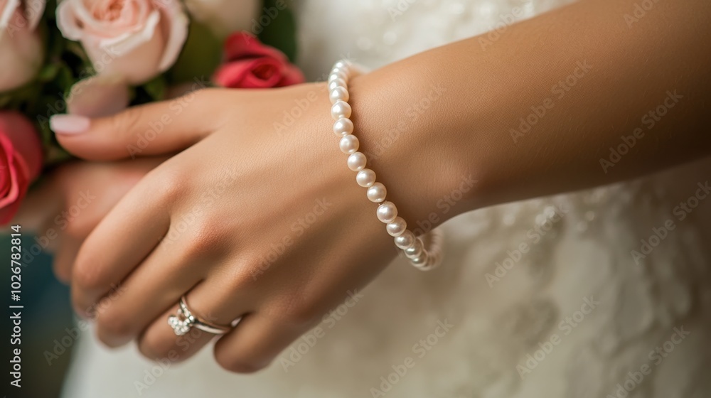 A bride hand adjusting her pearl bracelet before walking down the aisle, a moment of quiet reflection.
