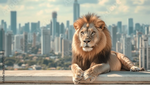 Lion sitting on a ledge overlooking city