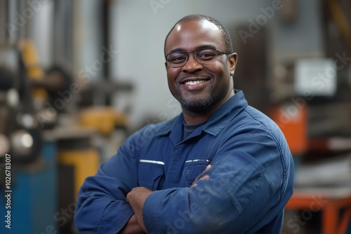 Smiling man in a blue uniform with crossed arms standing confidently in a workshop