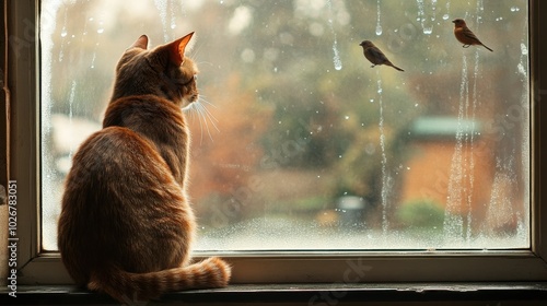 A cat sitting at a window, watching birds outside with intense focus, its tail flicking in anticipation.