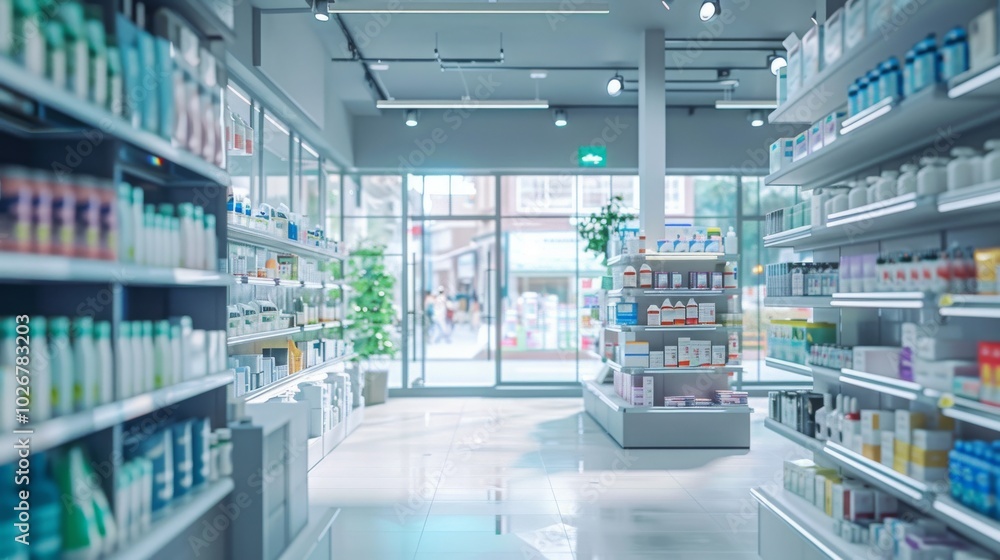 A modern pharmacy with rows of shelves stocked with various medications and healthcare products. A modern pharmacy with rows of shelves stocked with various medications and healthcare products.