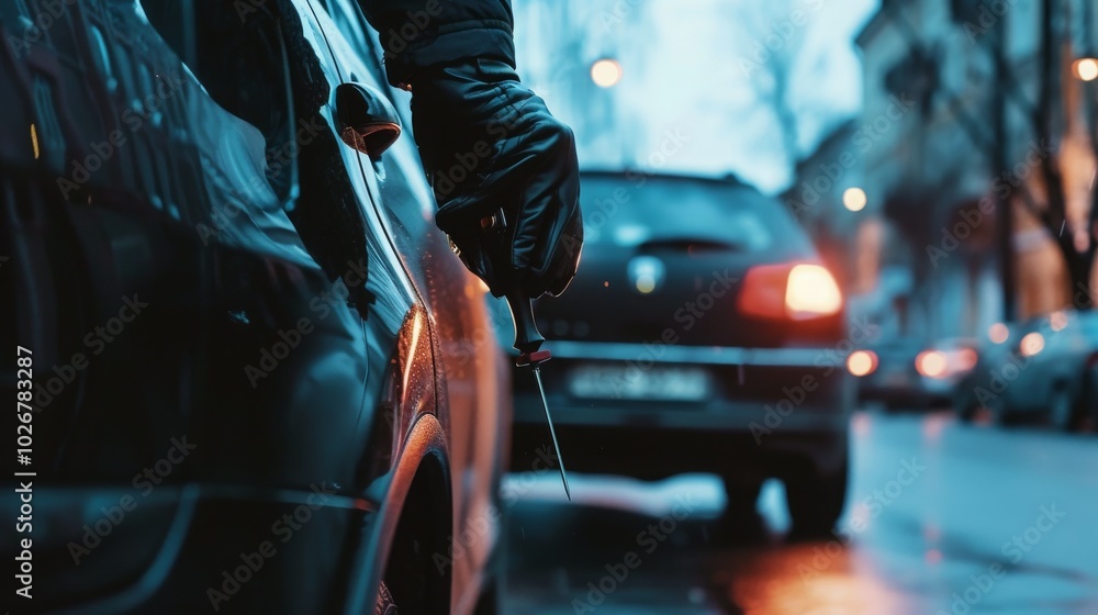 A gloved hand holds a tool to check the oil level in a car on a rainy day. A gloved hand holds a tool to check the oil level in a car on a rainy day.