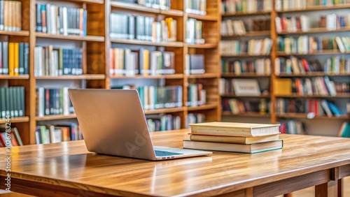 Wooden table with books and laptop on it against a blurry background of a library , wooden table, library, books