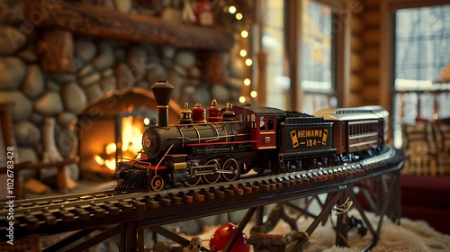 In a warm living room by the fire an iron train set clatters across a bridge