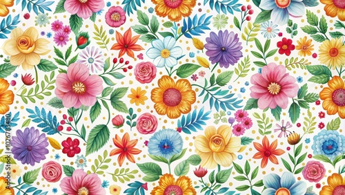 Seamless pattern featuring colorful flowers on a white background, floral, botanical, nature, seamless, pattern