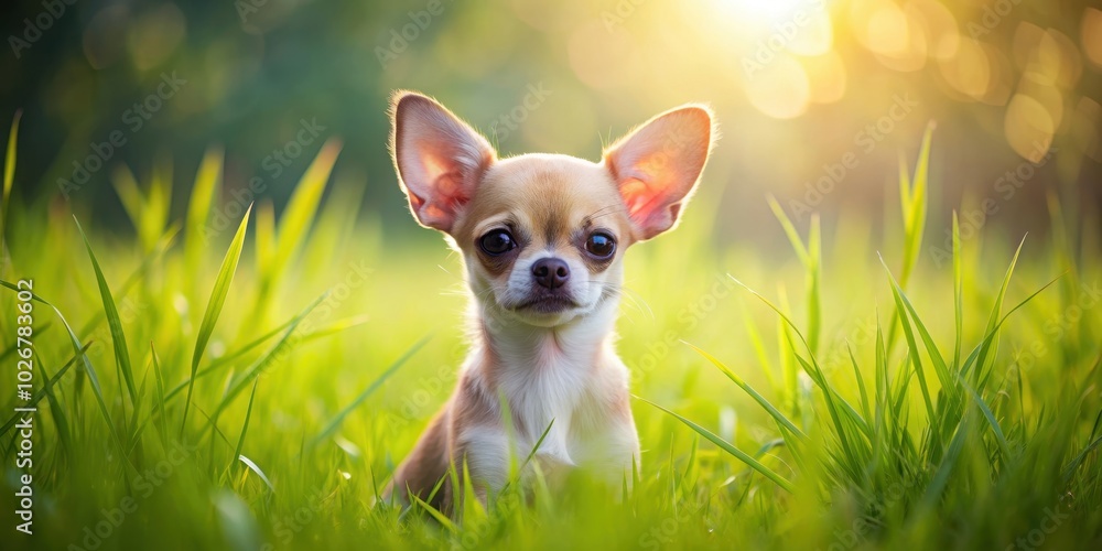 Chihuahua puppy sitting in tall green grass, Chihuahua, grass, cute, small, adorable, pet, dog, outdoor, nature, green, playful, tiny Chihuahua puppy sitting in tall green grass, Chihuahua, grass, cute, small, adorable, pet, dog, outdoor, nature, green, playful, tiny