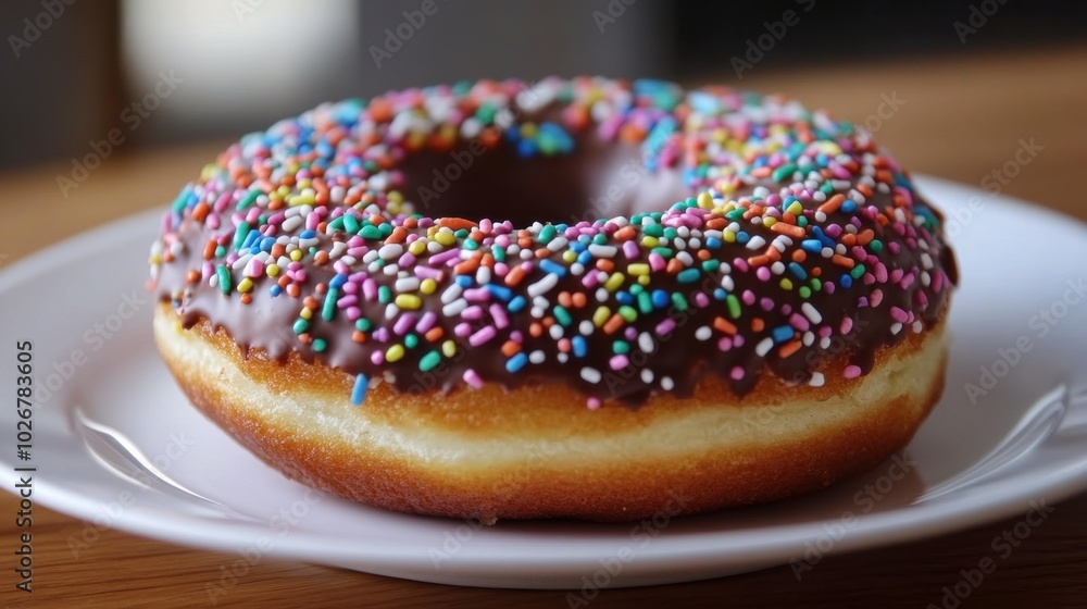 A close-up of a chocolate-covered donut with rainbow sprinkles, resting on a white plate. A close-up of a chocolate-covered donut with rainbow sprinkles, resting on a white plate.