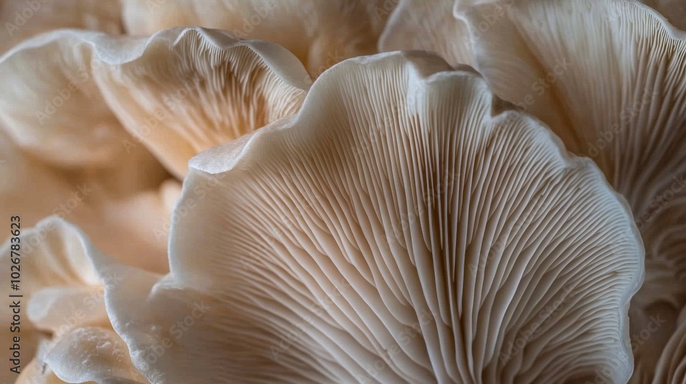 A close-up of a delicate mushroom's gills, showcasing the intricate details of its underside. A close-up of a delicate mushroom's gills, showcasing the intricate details of its underside.