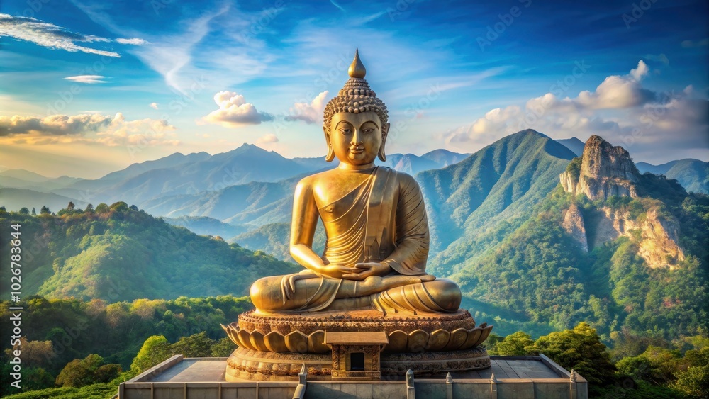 Large Buddha statue meditating under blue sky with mountains and temple in background, Buddha, statue, meditation Large Buddha statue meditating under blue sky with mountains and temple in background, Buddha, statue, meditation