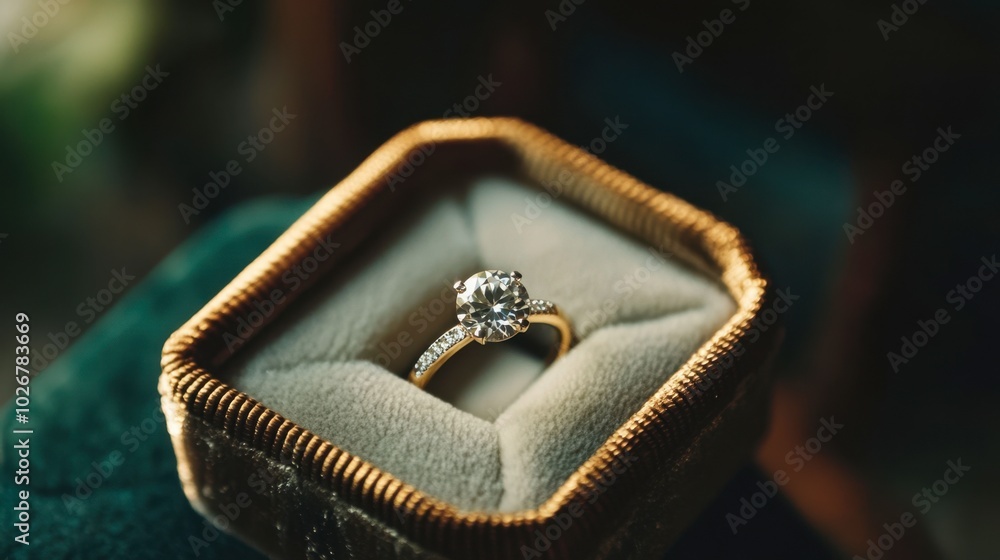 A close-up of a diamond engagement ring placed inside a velvet box, ready for a proposal. A close-up of a diamond engagement ring placed inside a velvet box, ready for a proposal.