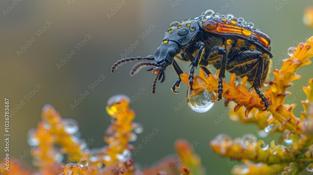 A close-up of a beetle perched on a dew-covered plant. The beetle's body is covered in water droplets, creating a sparkling effect. A close-up of a beetle perched on a dew-covered plant. The beetle's body is covered in water droplets, creating a sparkling effect.