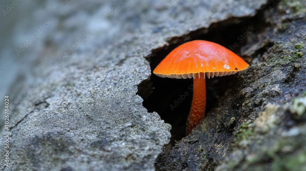 A close-up of a mushroom growing in a crack in a tree, showing the resilience of nature. A close-up of a mushroom growing in a crack in a tree, showing the resilience of nature.