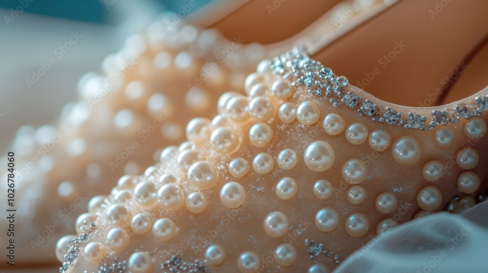 A close-up of a pair of pearl-studded shoes, part of an elegant wedding ensemble. A close-up of a pair of pearl-studded shoes, part of an elegant wedding ensemble.