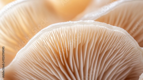 A close-up of a mushroom's delicate gills, with soft lighting highlighting its intricate structure.