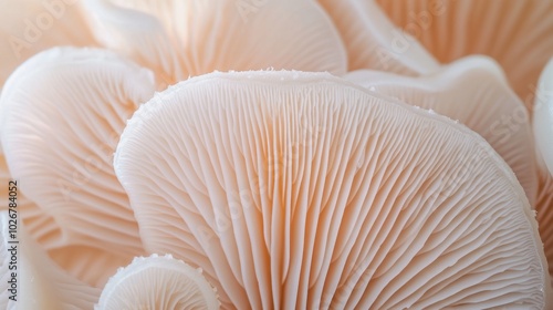 A close-up of a mushroom's delicate gills, with soft lighting highlighting its intricate structure.