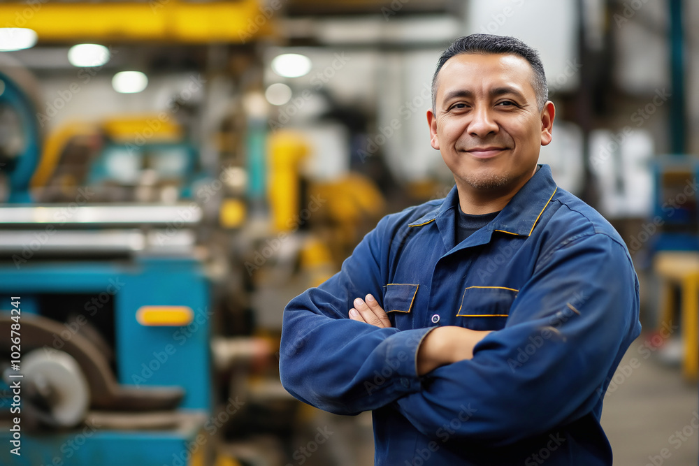 Smiling factory worker in a blue uniform standing confidently in an industrial environment
Smiling factory worker in a blue uniform standing confidently in an industrial environment