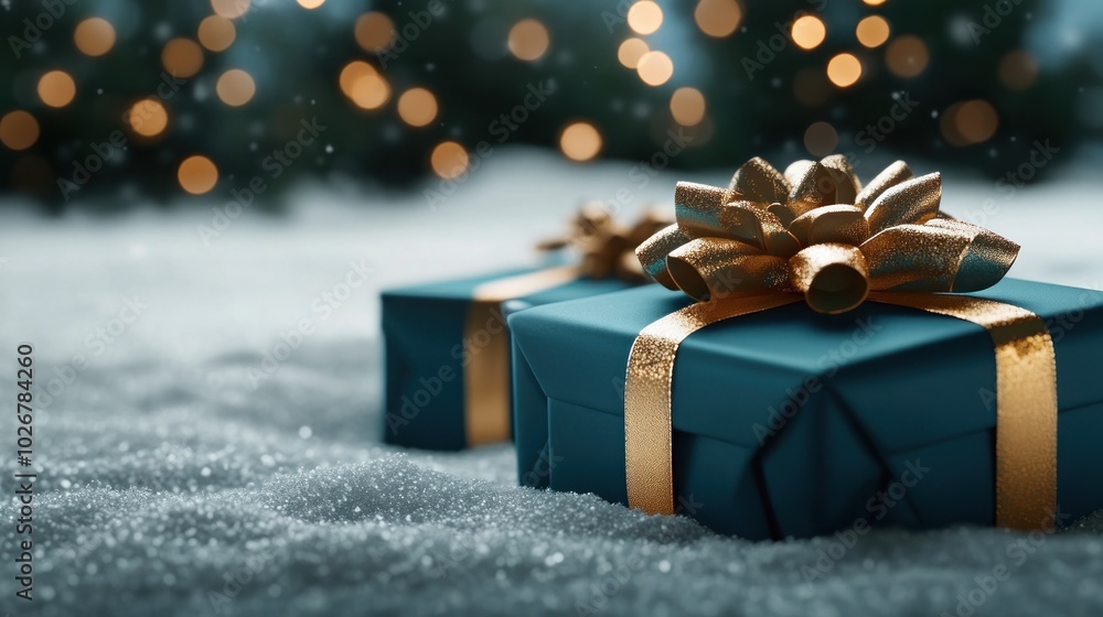 Christmas Gifts Wrapped in Blue and Gold Ribbon Under Twinkling Lights in the Snow, Festive Tradition Unfolding Christmas Gifts Wrapped in Blue and Gold Ribbon Under Twinkling Lights in the Snow, Festive Tradition Unfolding