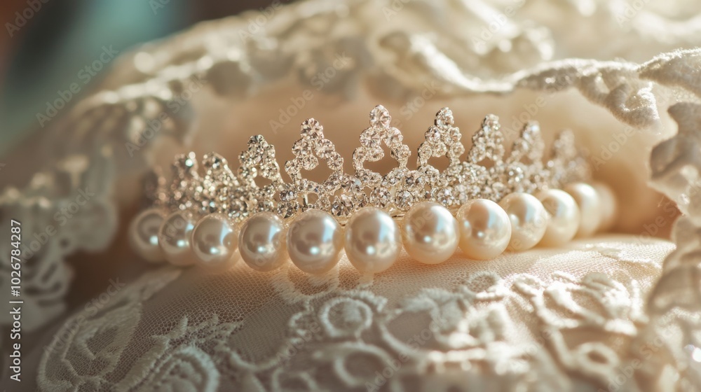 A close-up of a pearl-encrusted tiara resting on a lace pillow, part of a wedding accessory set. A close-up of a pearl-encrusted tiara resting on a lace pillow, part of a wedding accessory set.