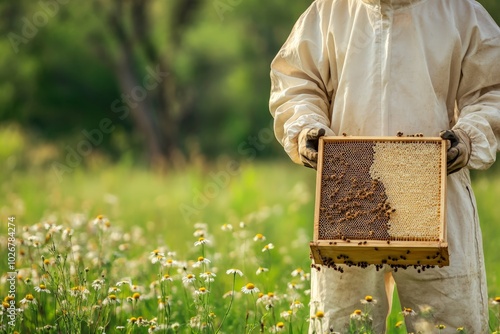 Close-up of a beekeeper holding a honeycomb frame in a field with bees 