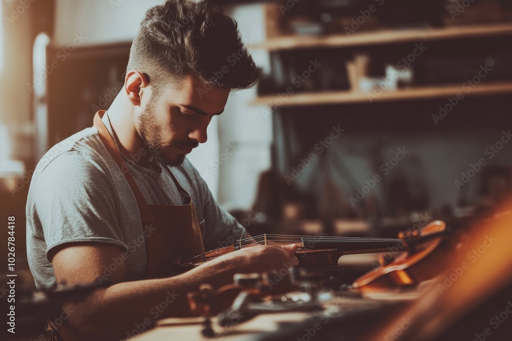 Male craftsman focusing on woodworking in a workshop, carefully carving details
Male craftsman focusing on woodworking in a workshop, carefully carving details