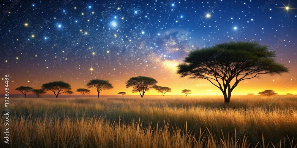 Obraz premium Twilight savannah with shimmering grass like stars, twilight, savannah, vast, grass, stars, shimmering, nature, landscape, sky