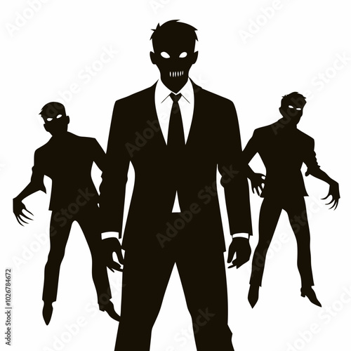 Zombie apocalypse concept with men in suits and silhouettes of undead behind, dramatic black vector scene. Concept: horror promo, movie poster, game asset, Halloween, Zombie Day.
