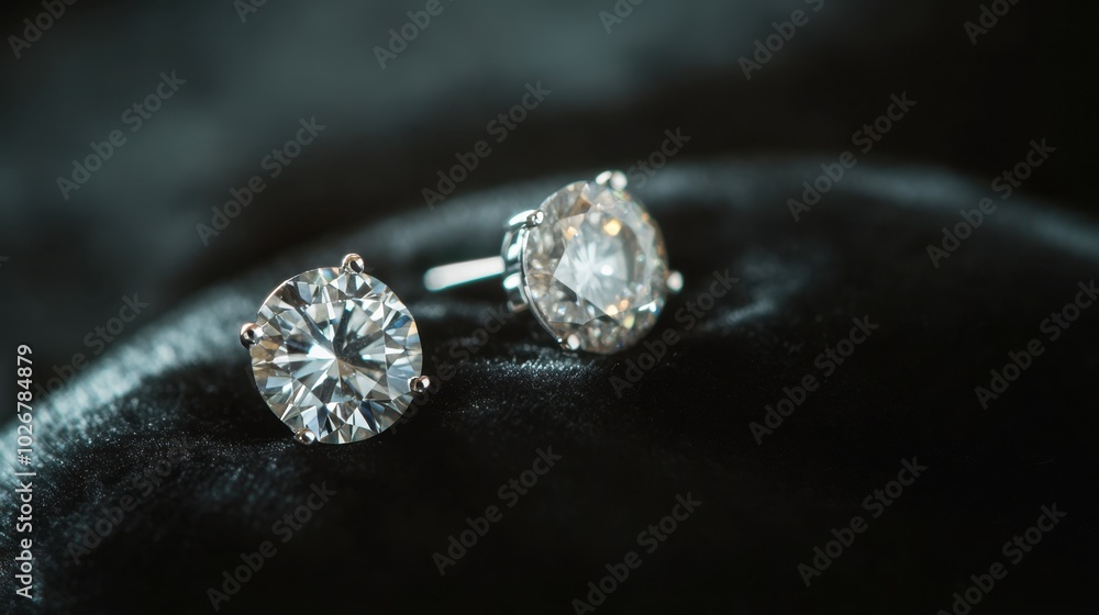 A close-up of diamond earrings resting on a black velvet cushion, catching the light. A close-up of diamond earrings resting on a black velvet cushion, catching the light.