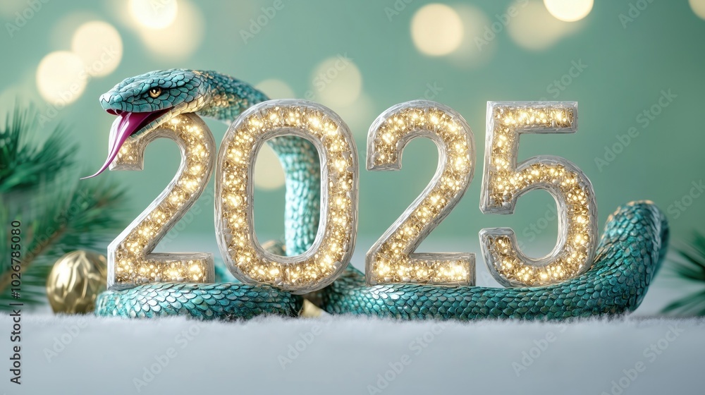 A decorative 2025 display featuring a glittering snake intertwined with the year, set against a soft background with festive lights