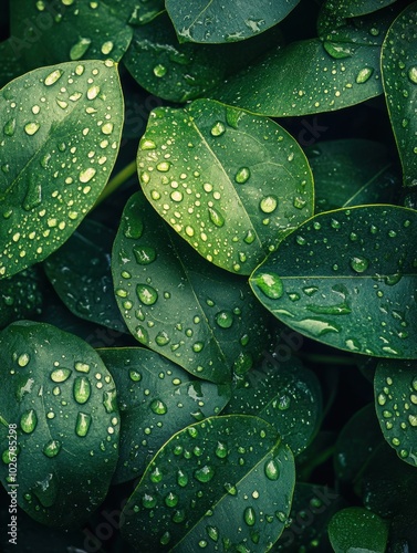 Water droplets rest on vibrant green leaves, illustrating the beauty of nature and the rejuvenating effects of fresh rain in the morning. Generative AI