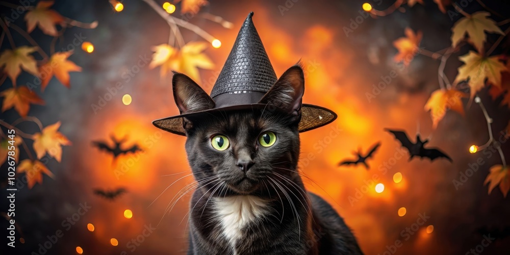 Cat wearing a black witches' hat with a spooky, Halloween-themed background, black cat, witch hat, Halloween, spooky, feline Cat wearing a black witches' hat with a spooky, Halloween-themed background, black cat, witch hat, Halloween, spooky, feline