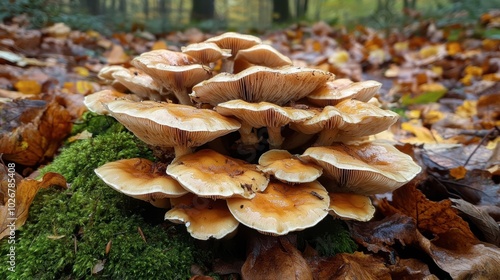 A cluster of wild mushrooms growing in a damp forest, surrounded by moss and fallen leaves.