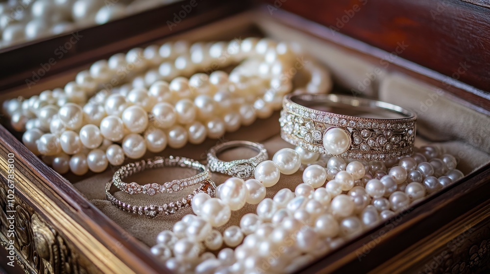 A collection of pearl rings, bracelets, and necklaces displayed in an ornate jewelry box. A collection of pearl rings, bracelets, and necklaces displayed in an ornate jewelry box.