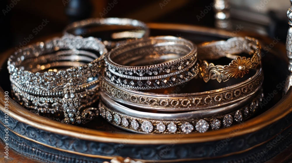 A collection of silver bracelets arranged artfully on a jewelry display tray. A collection of silver bracelets arranged artfully on a jewelry display tray.