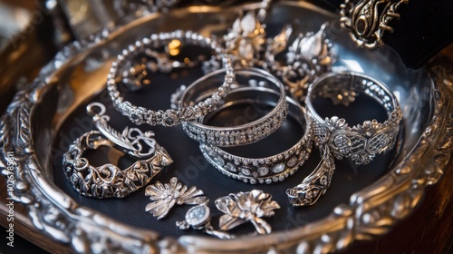 A collection of silver bracelets arranged artfully on a jewelry display tray.